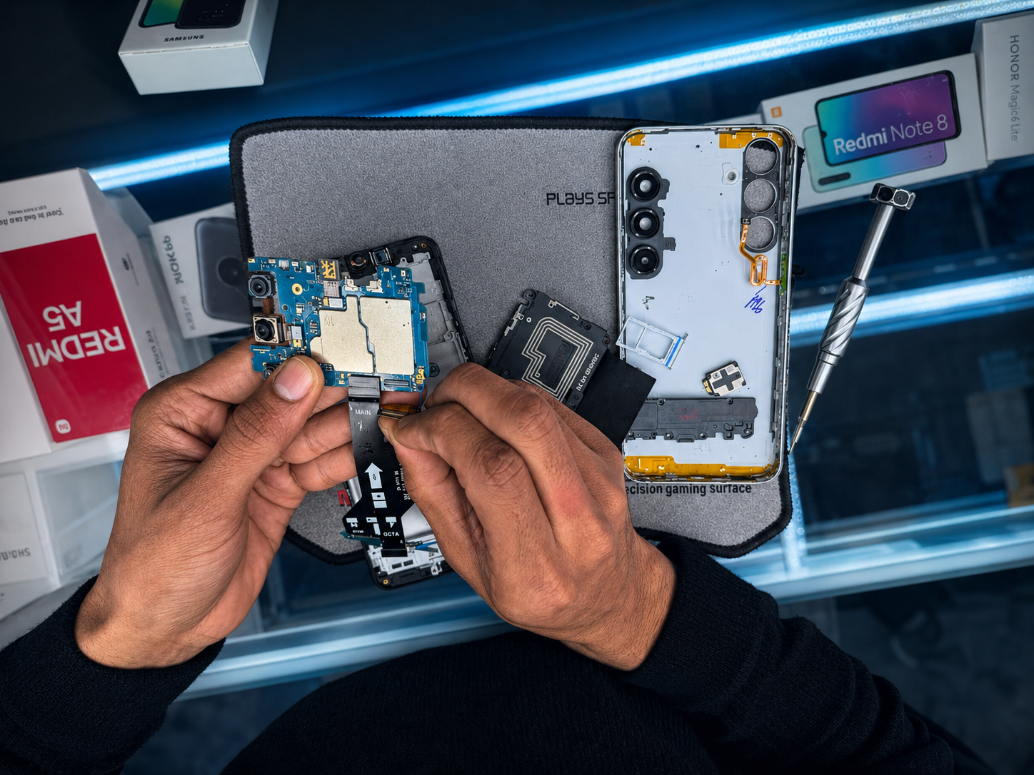 Universal Cell technician repairing a smartphone at the workbench